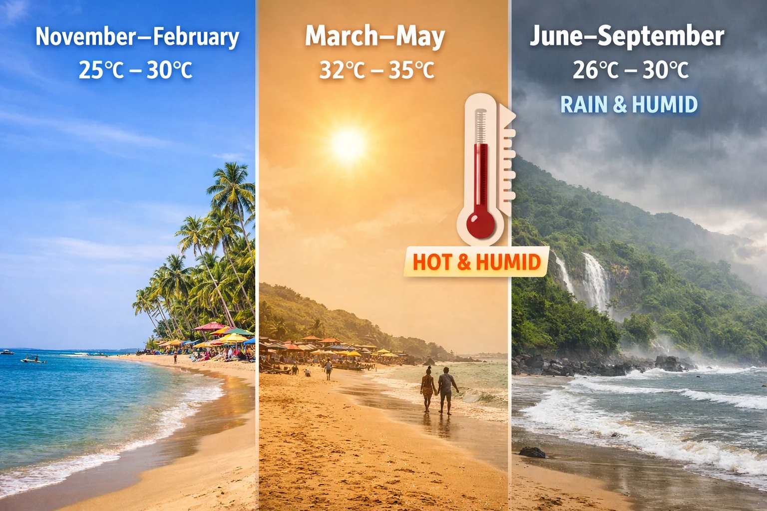 Seasonal temperature differences in Goa showing winter, summer, and monsoon weather conditions